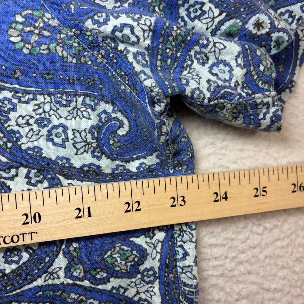 J Crew Linen Button Shirt Men‎ L Blue Paisley AOP Summer Beach Vacation Short